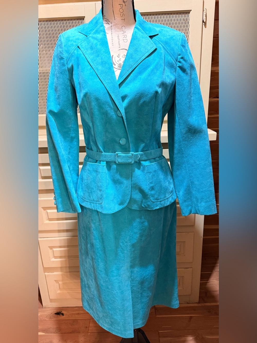 VTG Roth-Le Cover Ultra Suede Skirt Set Matching Belt Turquoise Blue Blazer